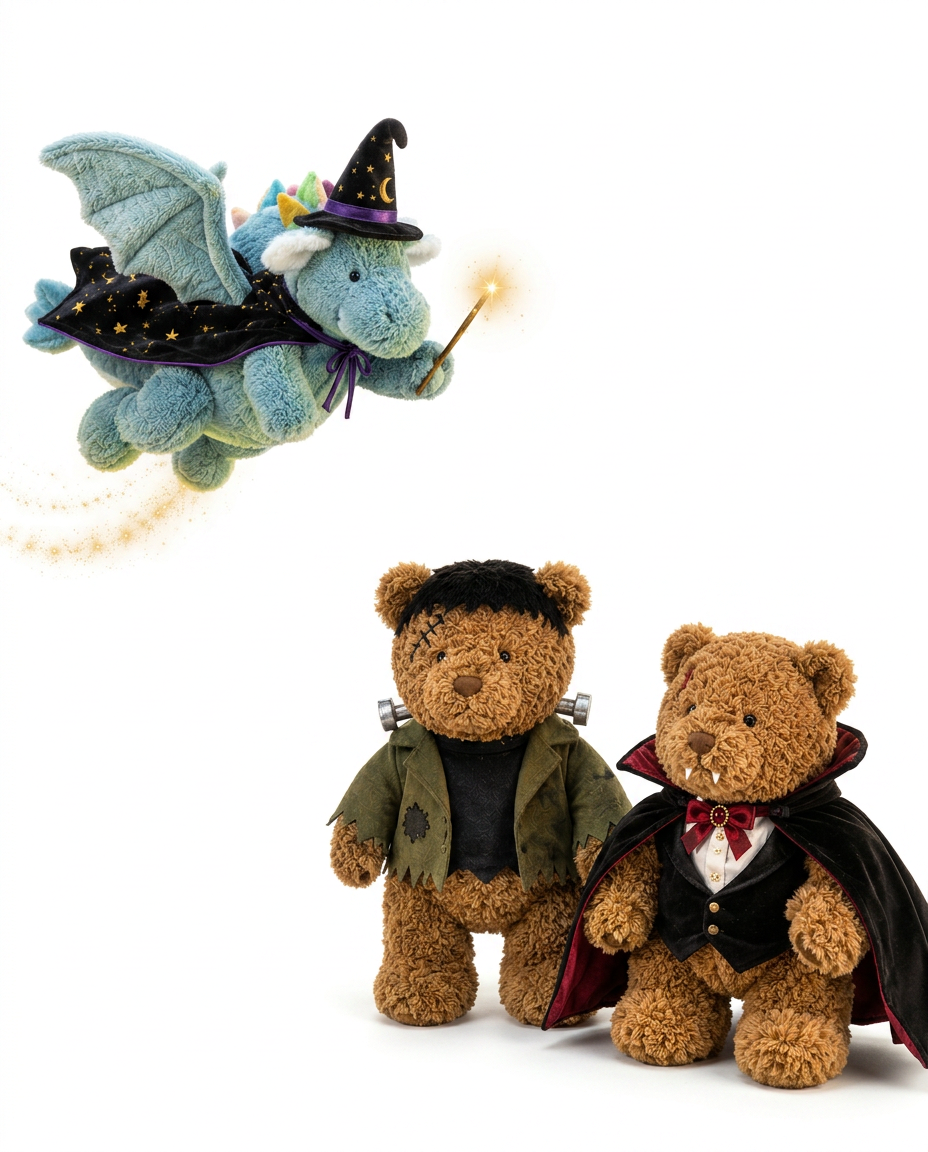 Deux peluches lapins dans une calèche sous la lune